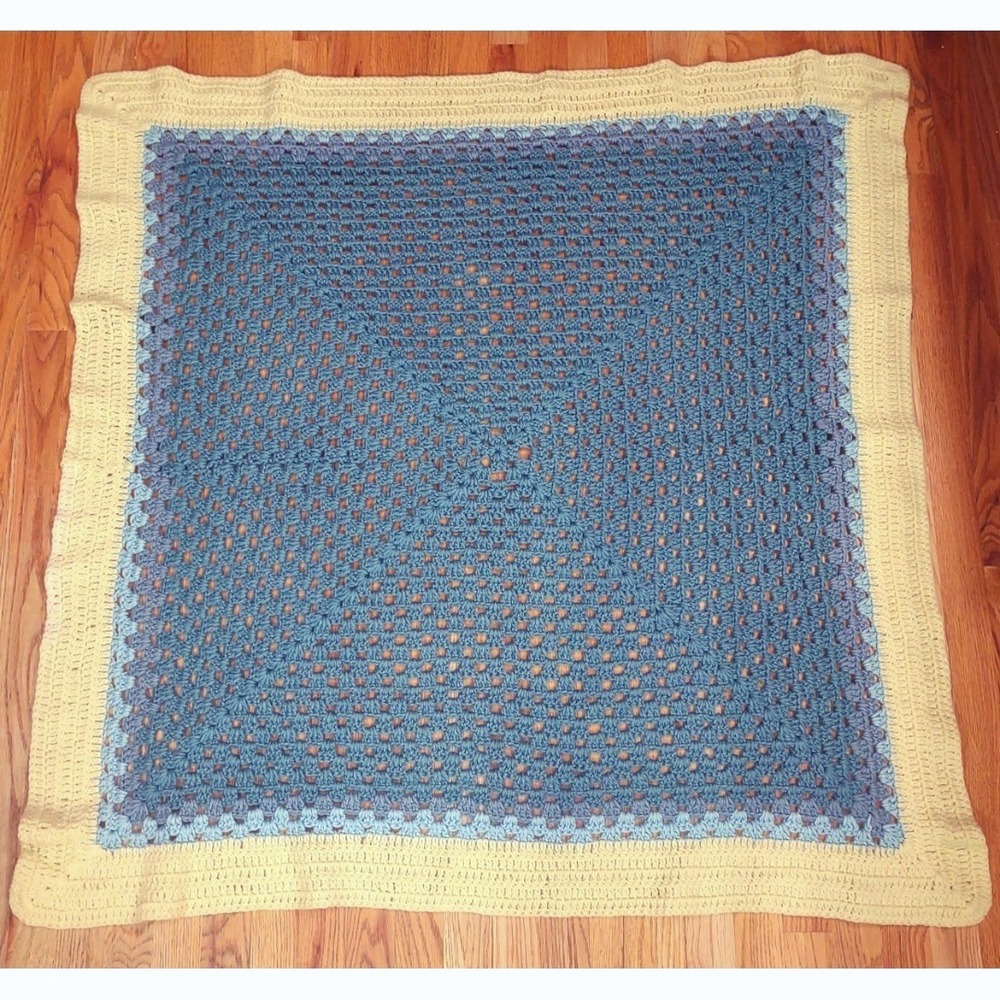 Crochet Baby Blanket 46"‎ x46' Blue and Yellow Square Nursery Decor - Handmade